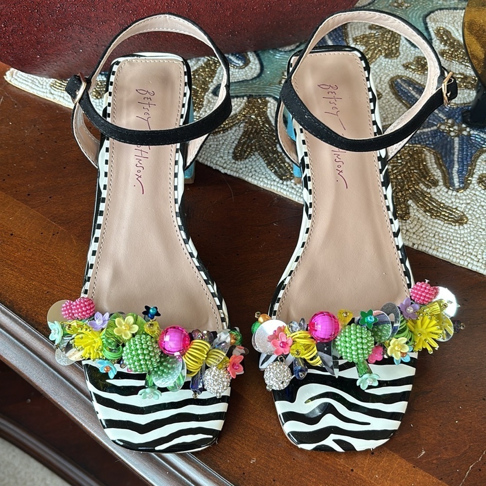 BETSEY JOHNSON Black Embellished Ankle Strap Open Toe Block Heel Beaded Sandals